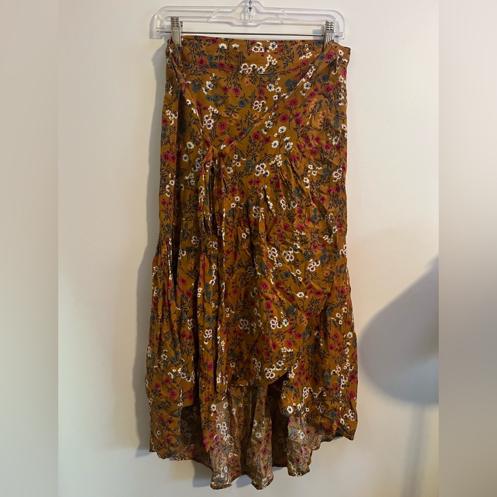 Mustard floral wrap skirt hi-lo ruffle